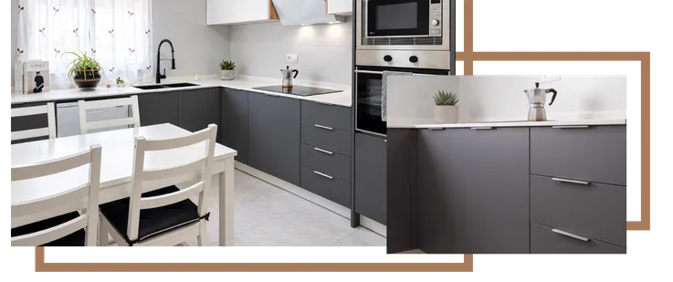Cocina gris premium con encimera de madera y diseño minimalista.