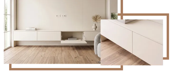 Mostrador de recepción de diseño vanguardista en madera.